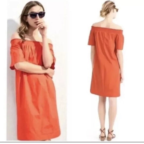 J. Crew Women Off The Shoulder Orange Cotton Babydoll Smocked Dress Size 2 - Picture 2 of 13